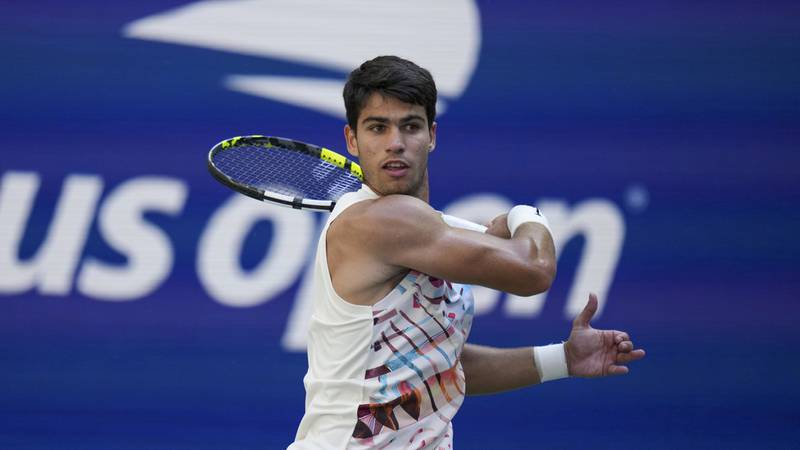 Carlos Alcaraz, of Spain, during the third round of the U.S. Open tennis championships,...