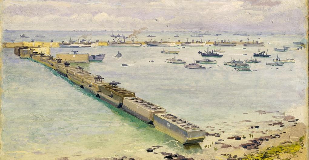 Mulberry harbour, Arromanches: Normandy landing, June 1944 - artwork by Stephen Bone (BHC0690)