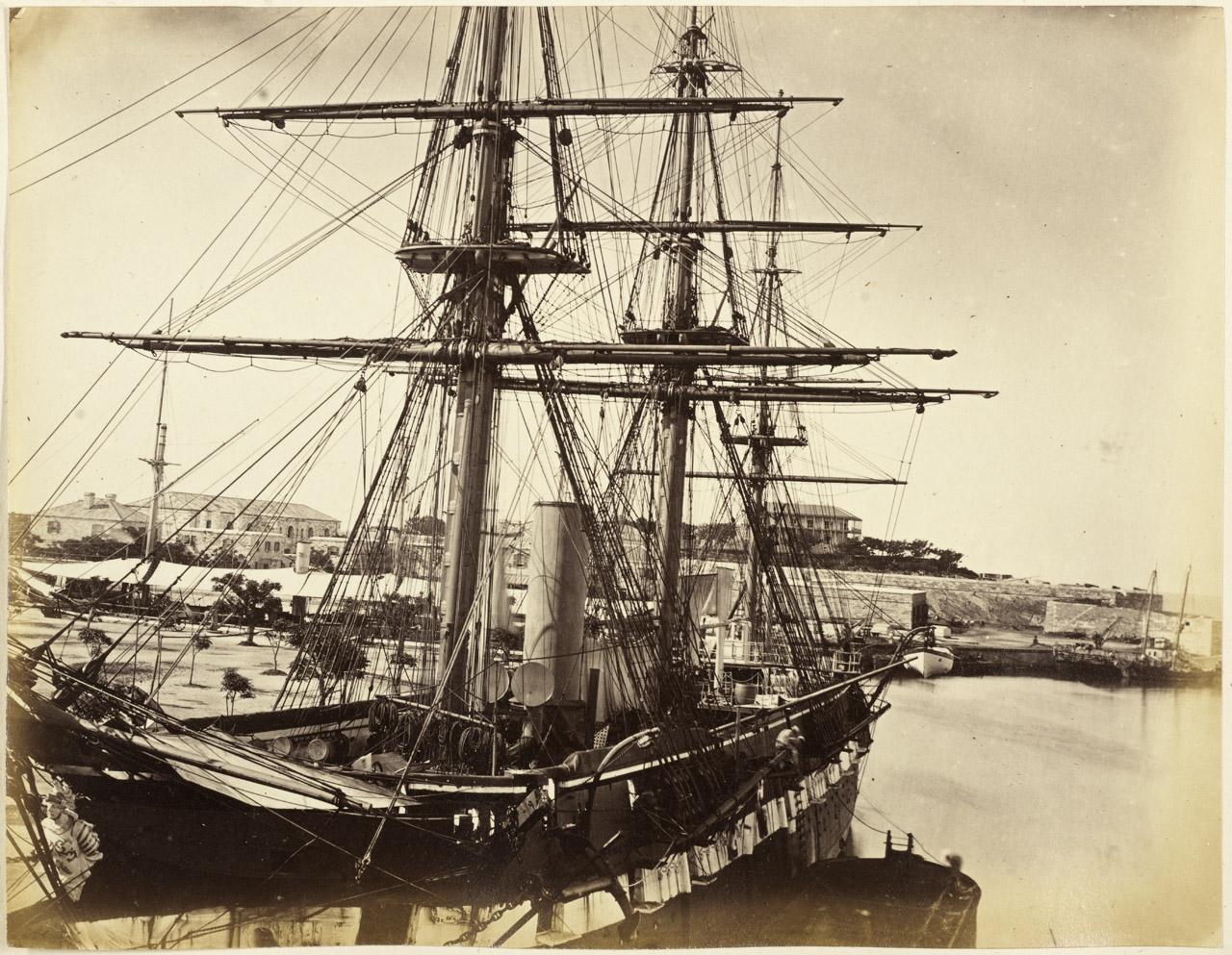 Historic photograph showing HMS Challenger at the naval base at Bermuda, West Indies