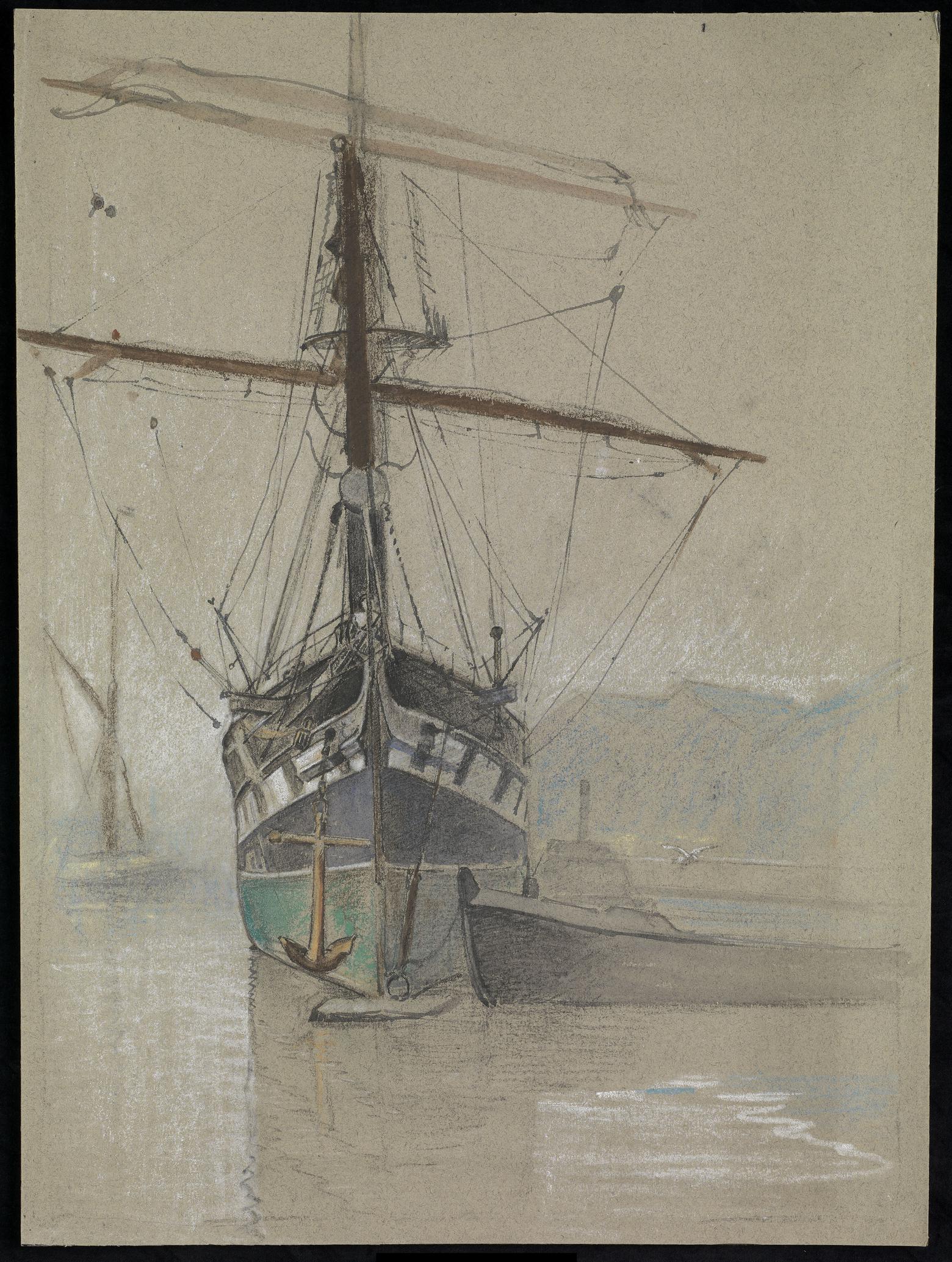 An image showing 'Cutty Sark Bow view of her as she appeared on her arrival in the Surrey Commercial Dock in 1921, with painted ports'