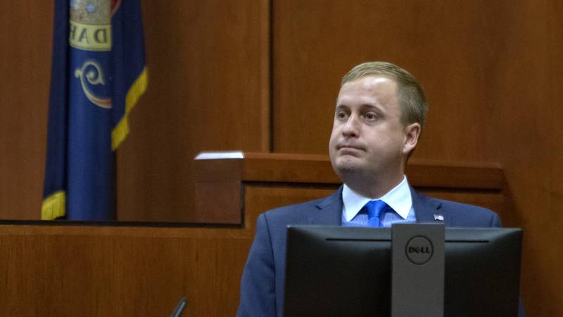 Former Idaho state Rep. Aaron von Ehlinger testifies on his own behalf during day three of his...
