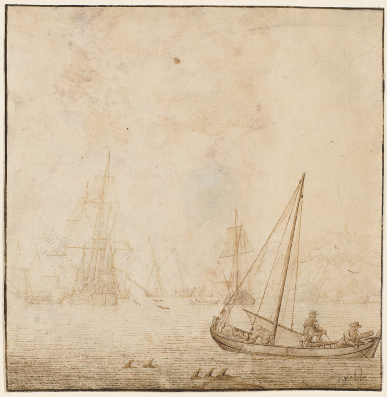 PAE5154; Weyschuit and other shipping near a rocky coast (recto)