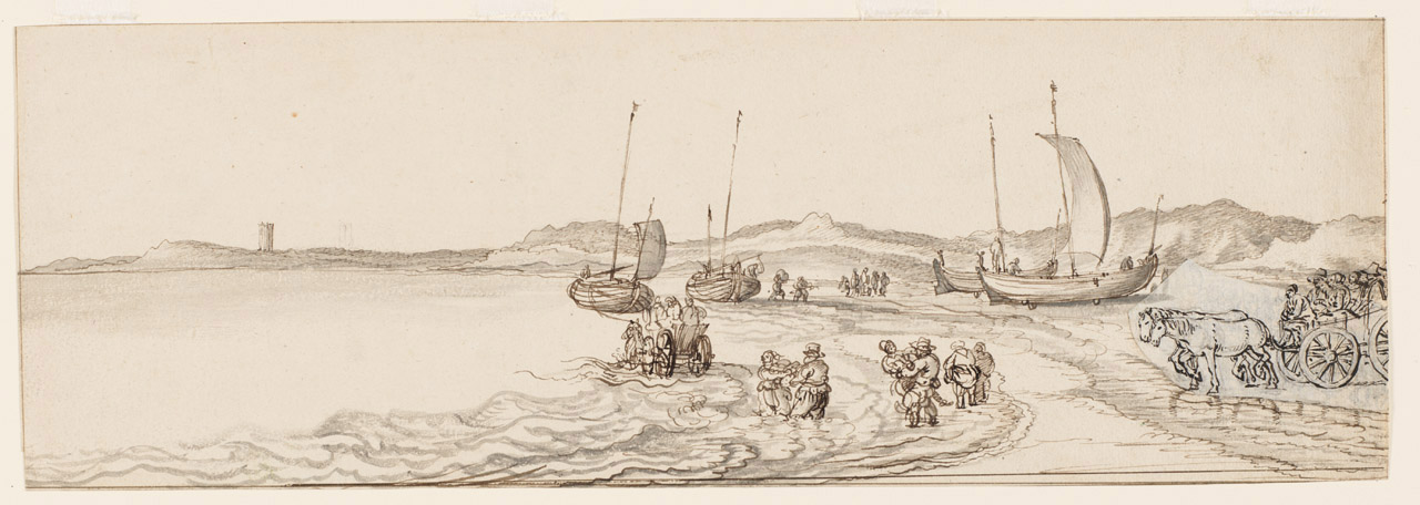 PAF6745; Pinks hauled up on the shore [also figures paddling and others arriving in a horse-drawn cart] (recto)